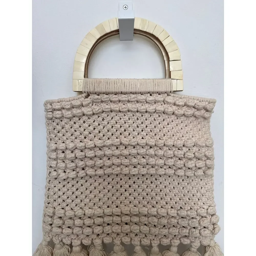 Cleobella 2010s Cream Macramé Cotton Tote Wooden Handle Boho Bag